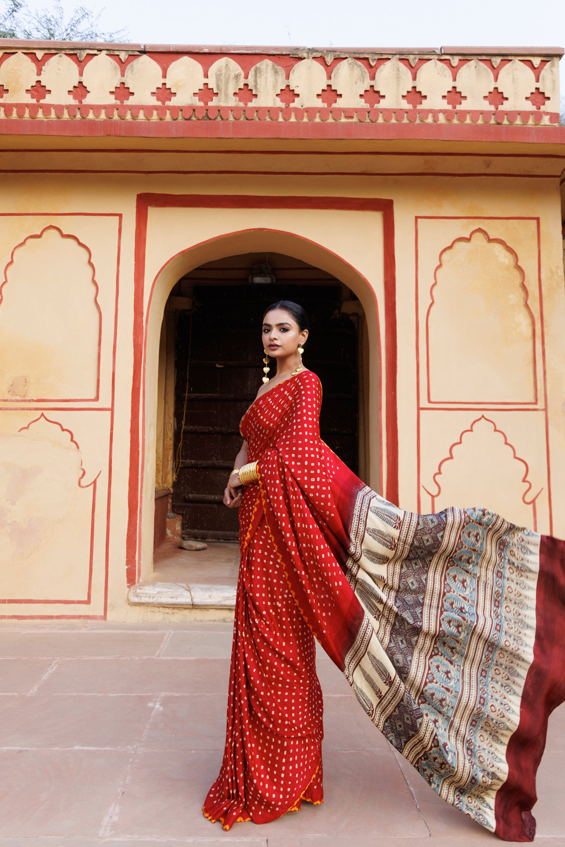 Red Ajrak & Bandhani Gajji Silk Saree