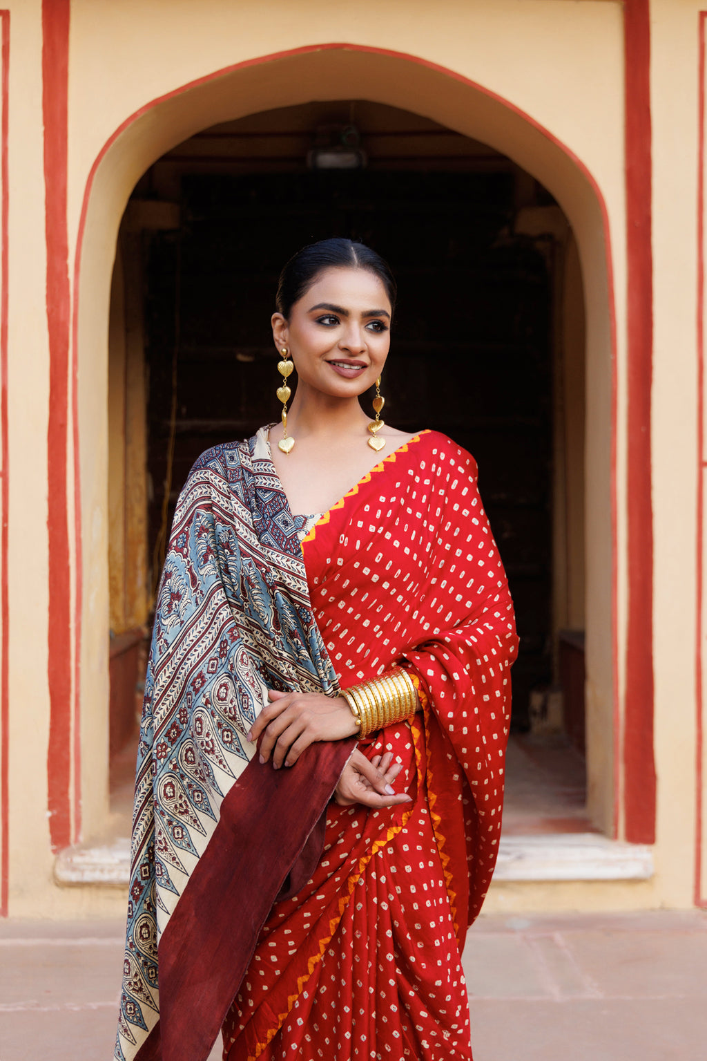 Red Ajrak & Bandhani Gajji Silk Saree