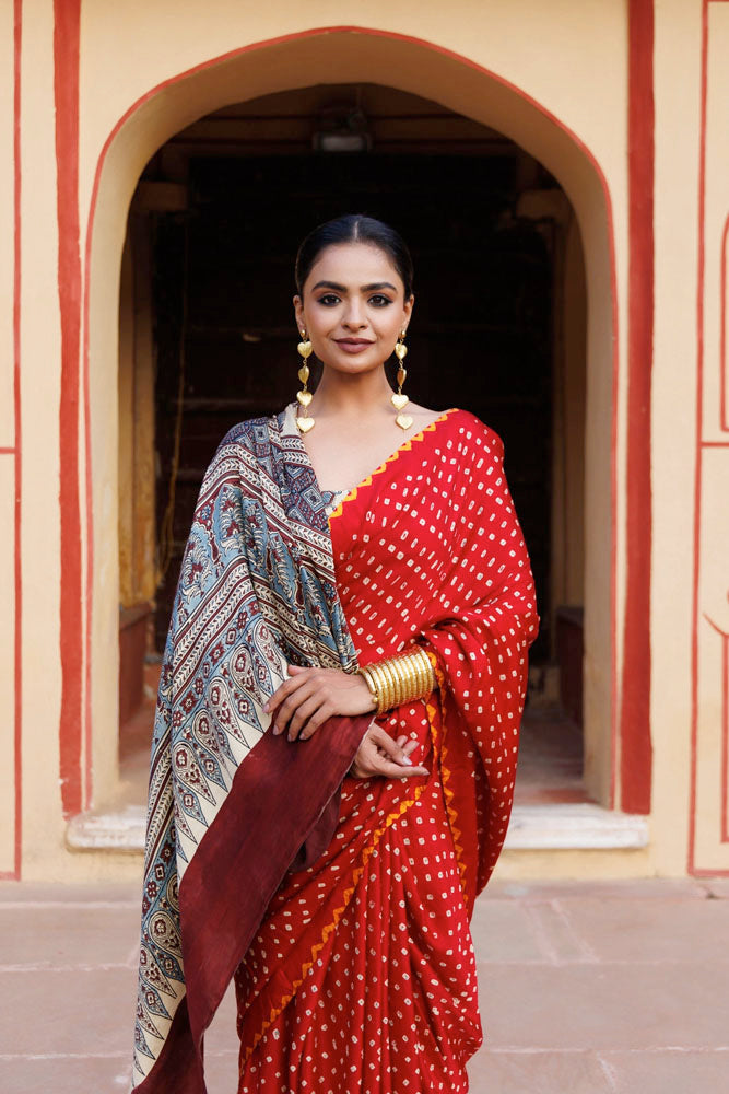 Red Handwoven Ajrakh Bandhani Pure Silk Saree
