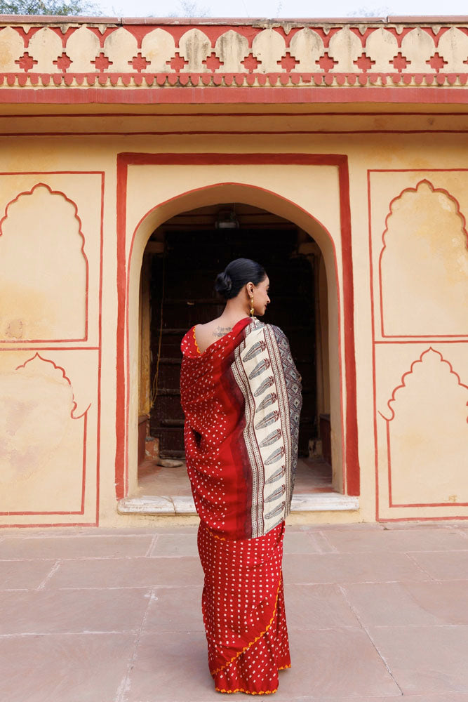 Red Handwoven Ajrakh Bandhani Pure Silk Saree