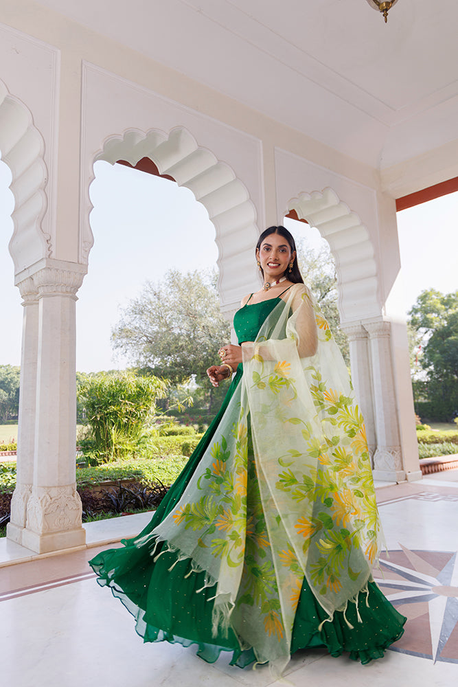Green Chiffon Lehenga Set With Mukaish Work & Hand Painted Organza Dupatta