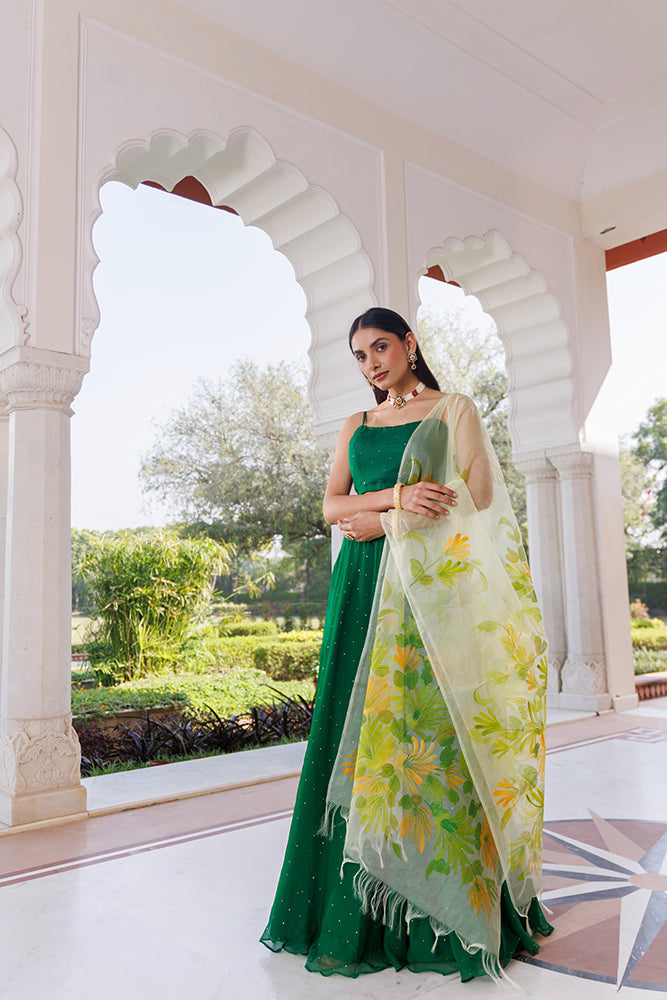 Green Chiffon Lehenga Set With Mukaish Work & Hand Painted Organza Dupatta