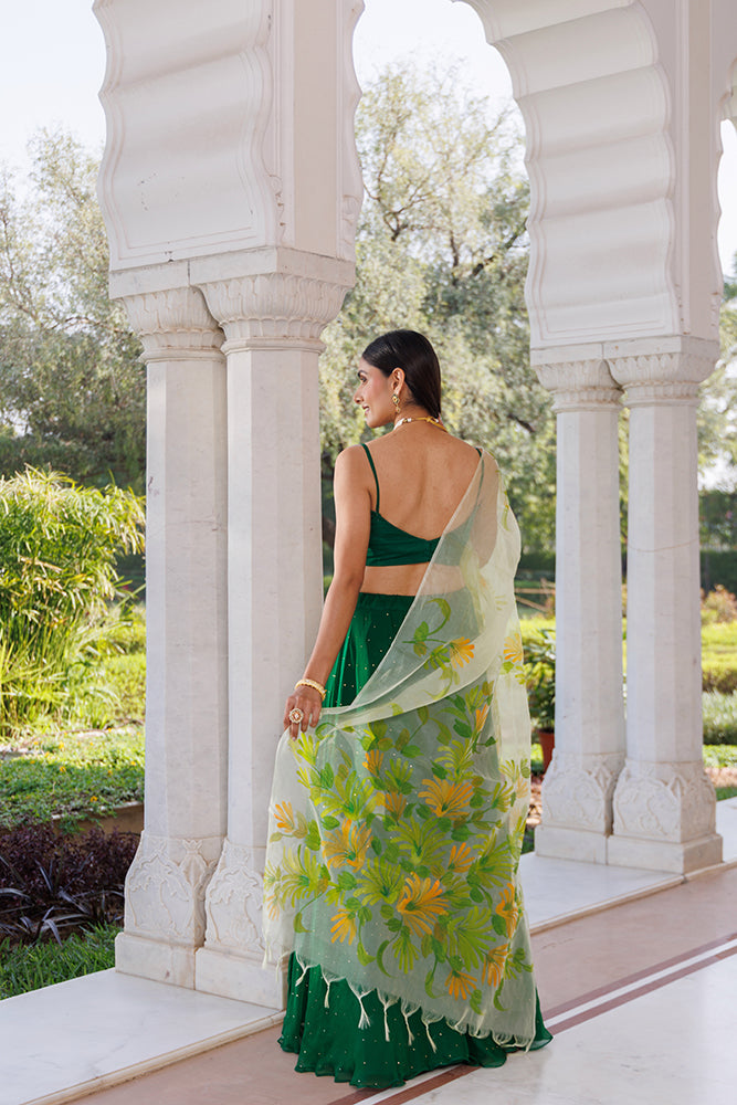 Green Chiffon Lehenga Set With Mukaish Work & Hand Painted Organza Dupatta
