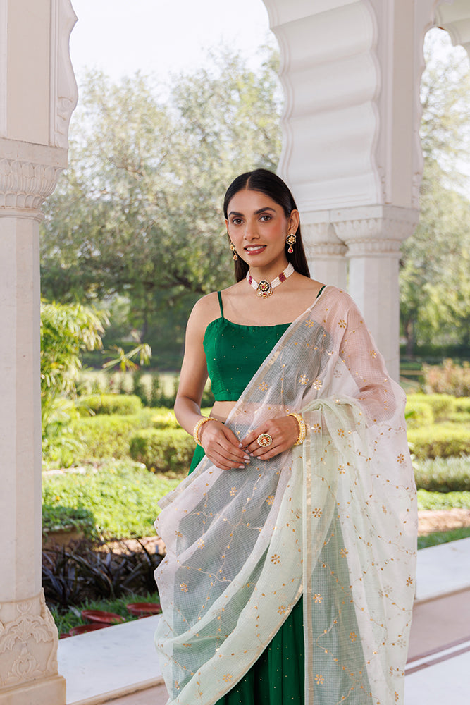 Green Chiffon Lehenga Set With Mukaish Work & Kota Silk Dupatta