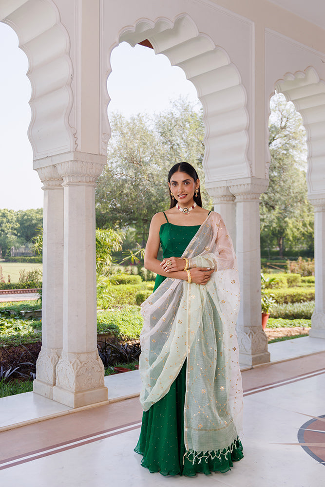 Green Chiffon Lehenga Set With Mukaish Work & Kota Silk Dupatta