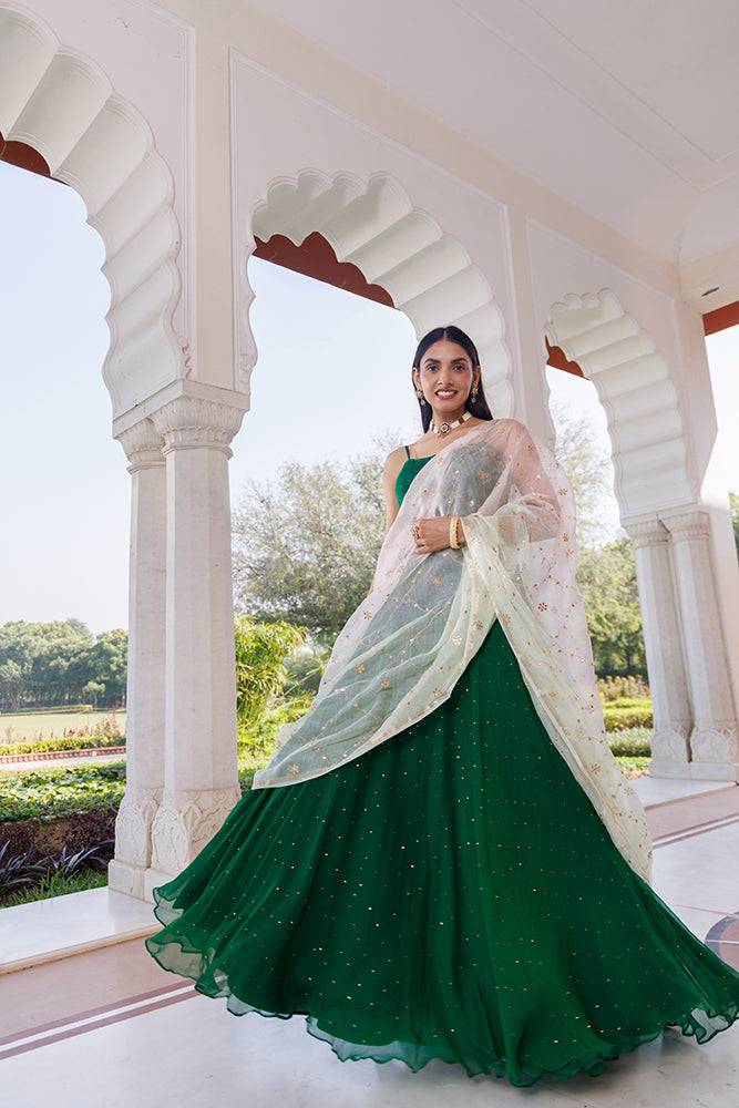 Green Chiffon Lehenga Set With Mukaish Work & Kota Silk Dupatta