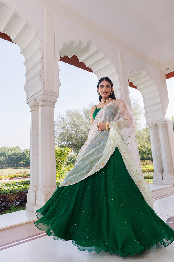 Green Chiffon Lehenga With Mukaish Work And Kota Silk Dupatta
