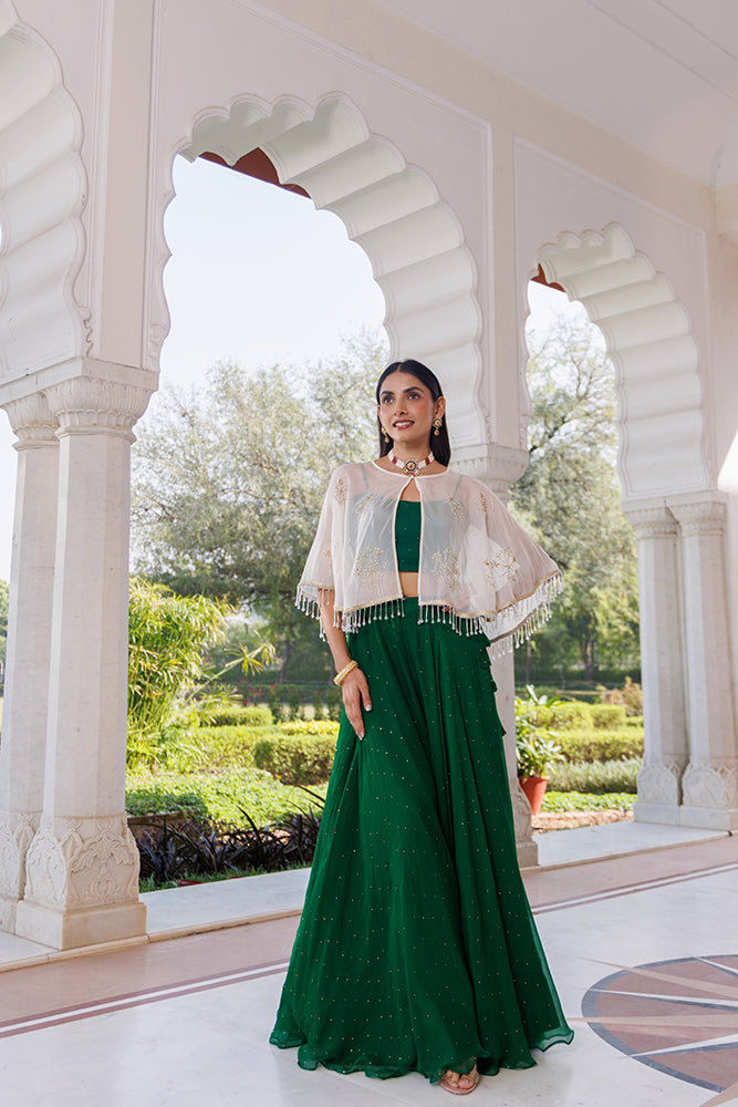 Green Chiffon Lehenga With Mukaish Work & White Embellished Cape