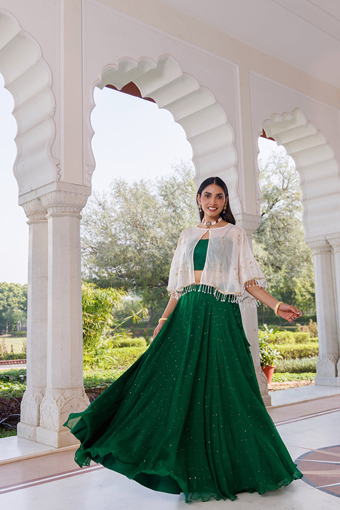 Green Chiffon Lehenga With Mukaish Work & White Embellished Cape
