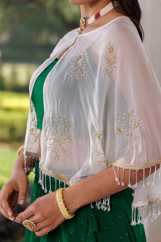 Green Chiffon Lehenga With Mukaish Work & White Embellished Cape