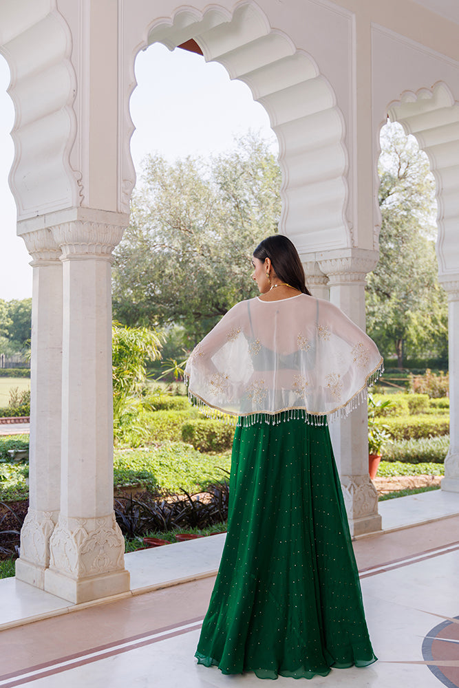 Green Chiffon Lehenga With Mukaish Work & White Embellished Cape
