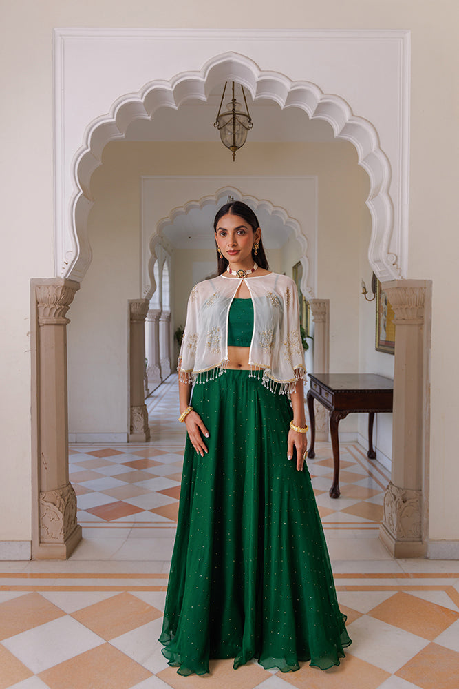 Green Chiffon Lehenga With Mukaish Work & White Embellished Cape