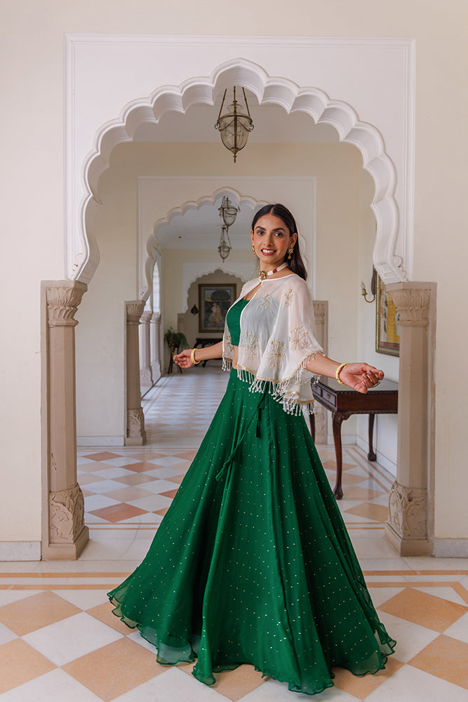 Green Chiffon Lehenga With Mukaish Work & White Embellished Cape
