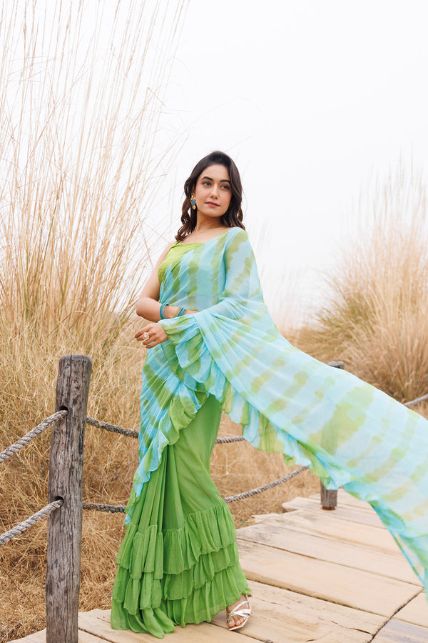 Green & Blue Ruffle Stitched Leheriya Chiffon Saree