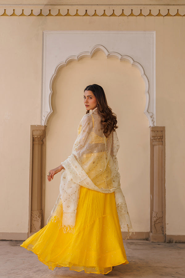 Yellow Chiffon Lehenga With Mukaish Work And Kota Silk Dupatta