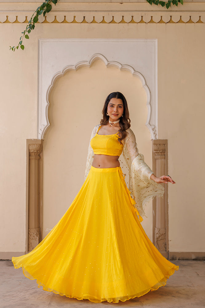 Yellow Chiffon Lehenga Set with Mukaish Work & Kota Silk Dupatta