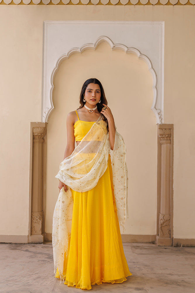 Yellow Chiffon Lehenga Set with Mukaish Work & Kota Silk Dupatta