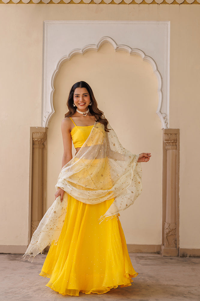 Yellow Chiffon Lehenga Set with Mukaish Work & Kota Silk Dupatta