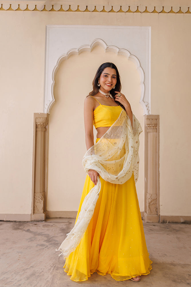 Yellow Chiffon Lehenga Set with Mukaish Work & Kota Silk Dupatta