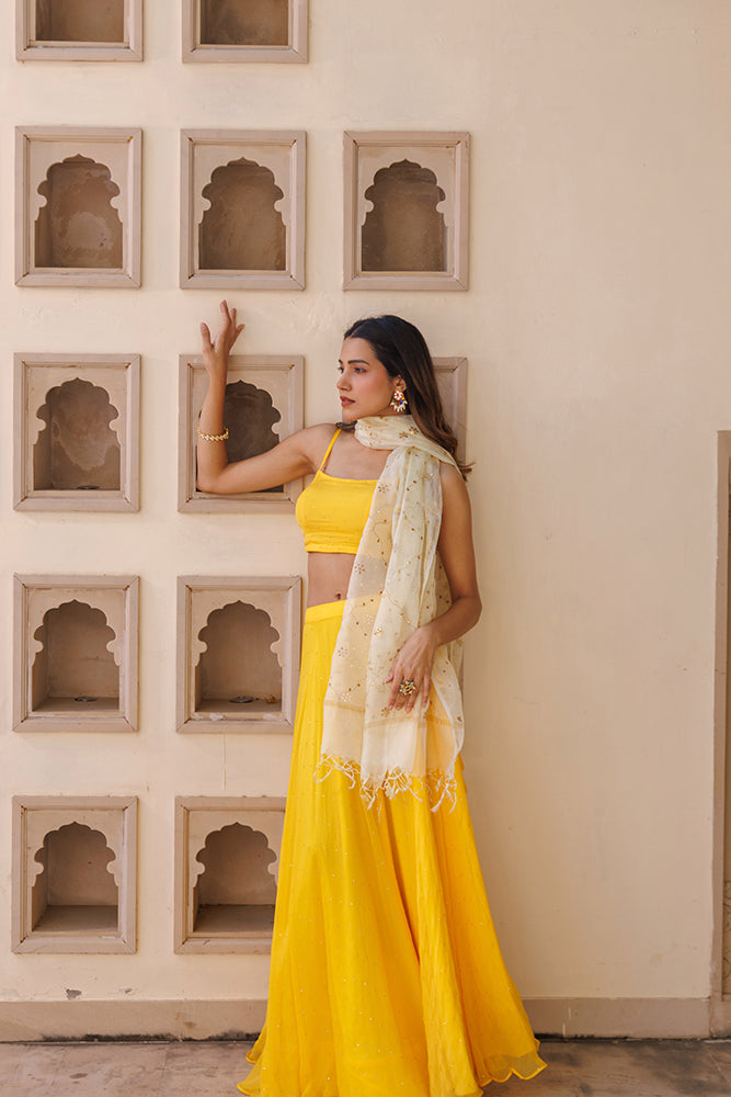 Yellow Chiffon Lehenga Set with Mukaish Work & Kota Silk Dupatta