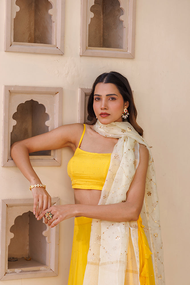 Yellow Chiffon Lehenga Set with Mukaish Work & Kota Silk Dupatta