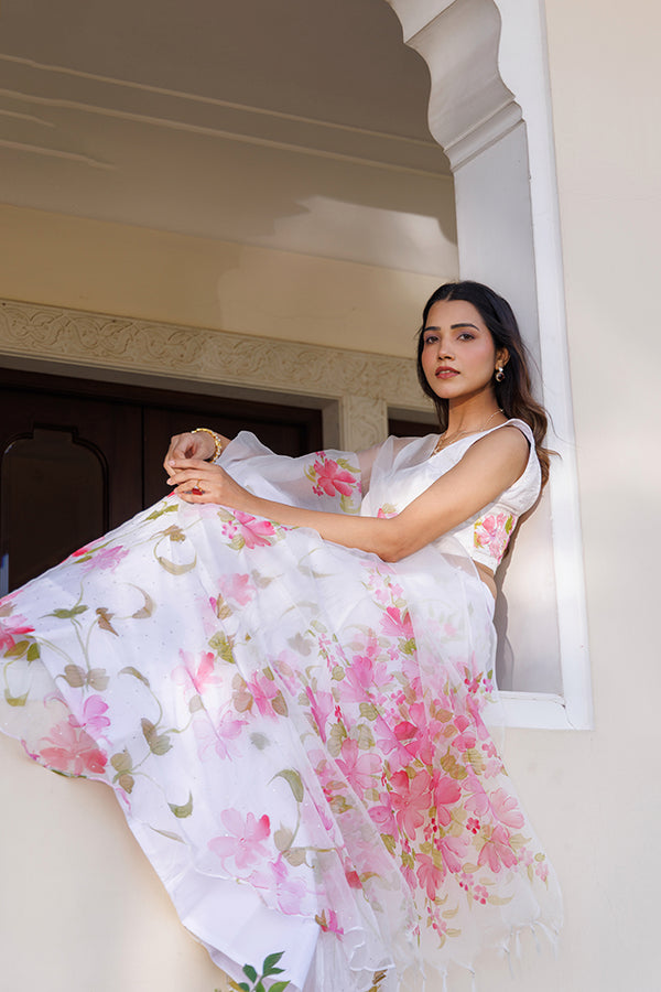 Luxury White Chiffon Lehenga With Mukaish Embellishment And Hand Painted Organza Dupatta