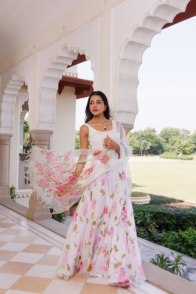 White Chiffon Lehenga Set With Mukaish Embellishment & Hand Painted Organza Dupatta