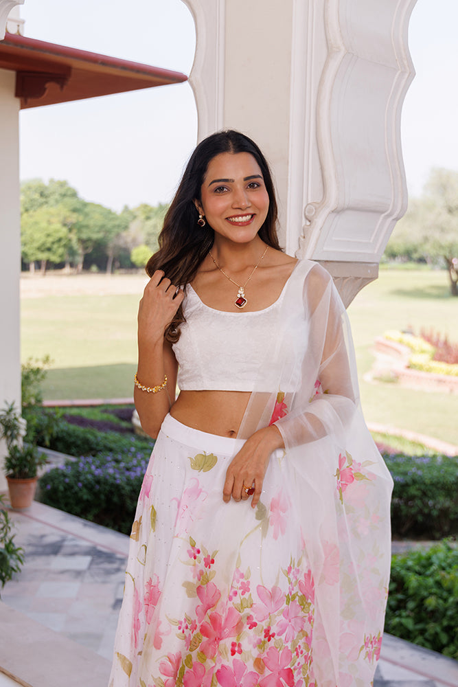 White Chiffon Lehenga Set With Mukaish Embellishment & Hand Painted Organza Dupatta