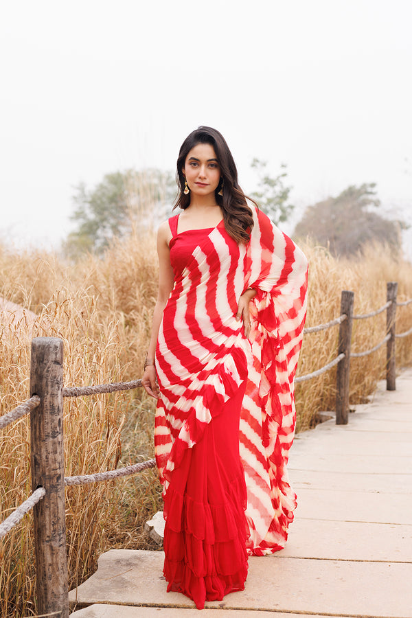 Red & Cream Ruffle Stitched Leheriya Chiffon Saree