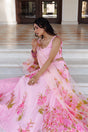 Pink Hand Painted Chiffon Lehenga Set With Mukaish Work & Hand-Painted Organza Dupatta