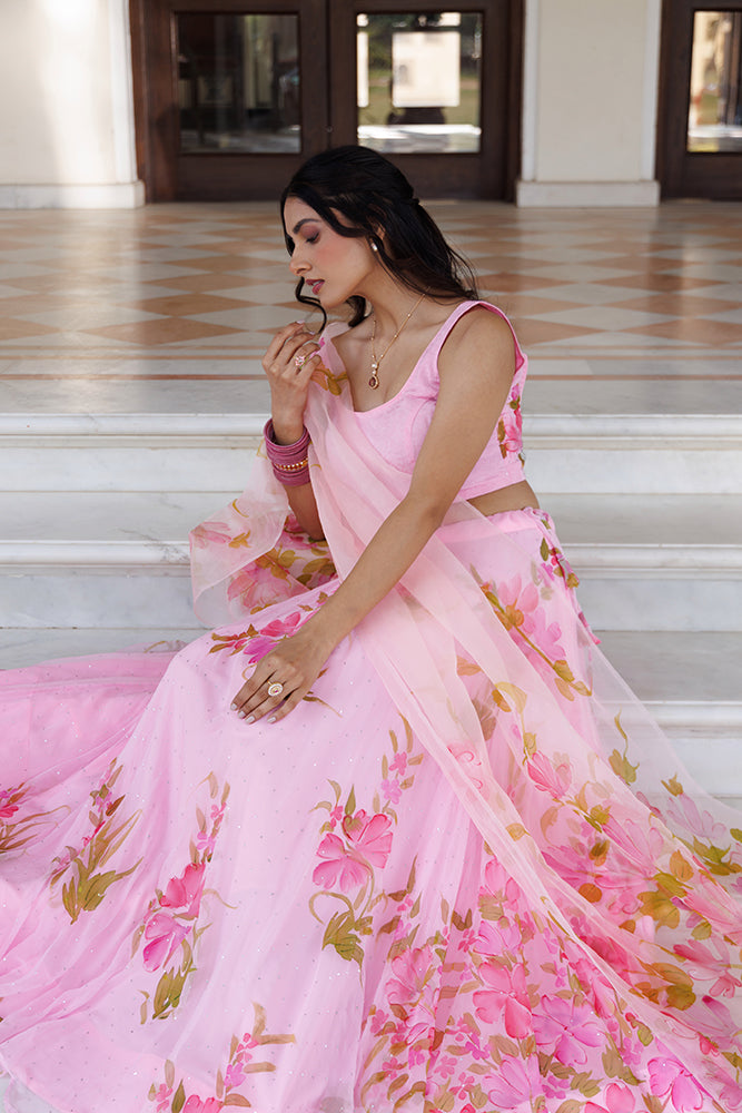 Pink Hand Painted Chiffon Lehenga Set With Mukaish Work & Hand-Painted Organza Dupatta