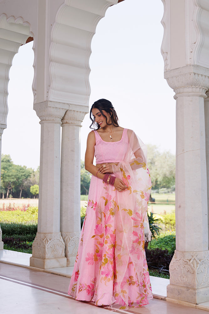 Pink Hand Painted Chiffon Lehenga Set With Mukaish Work & Hand-Painted Organza Dupatta