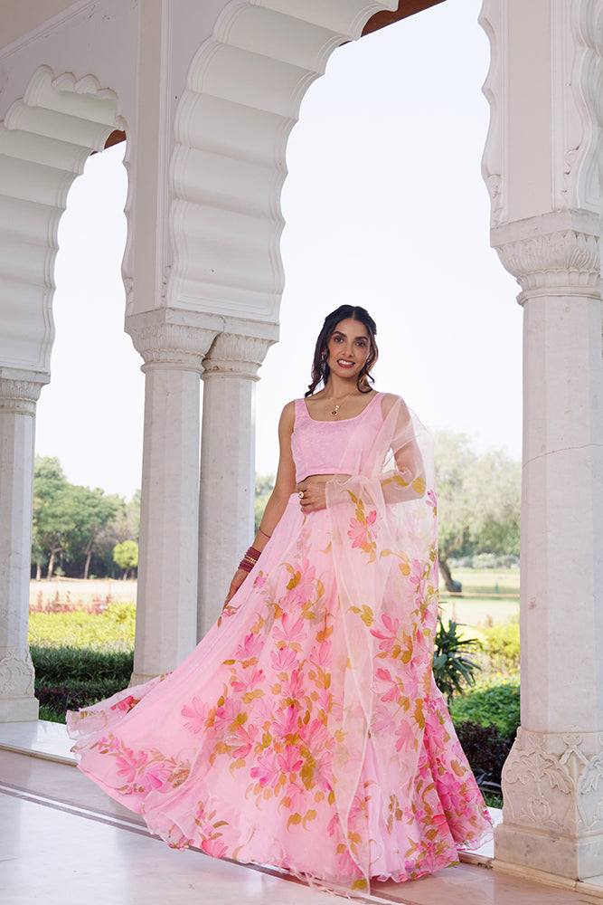 Pink Hand Painted Chiffon Lehenga Set With Mukaish Work & Hand-Painted Organza Dupatta