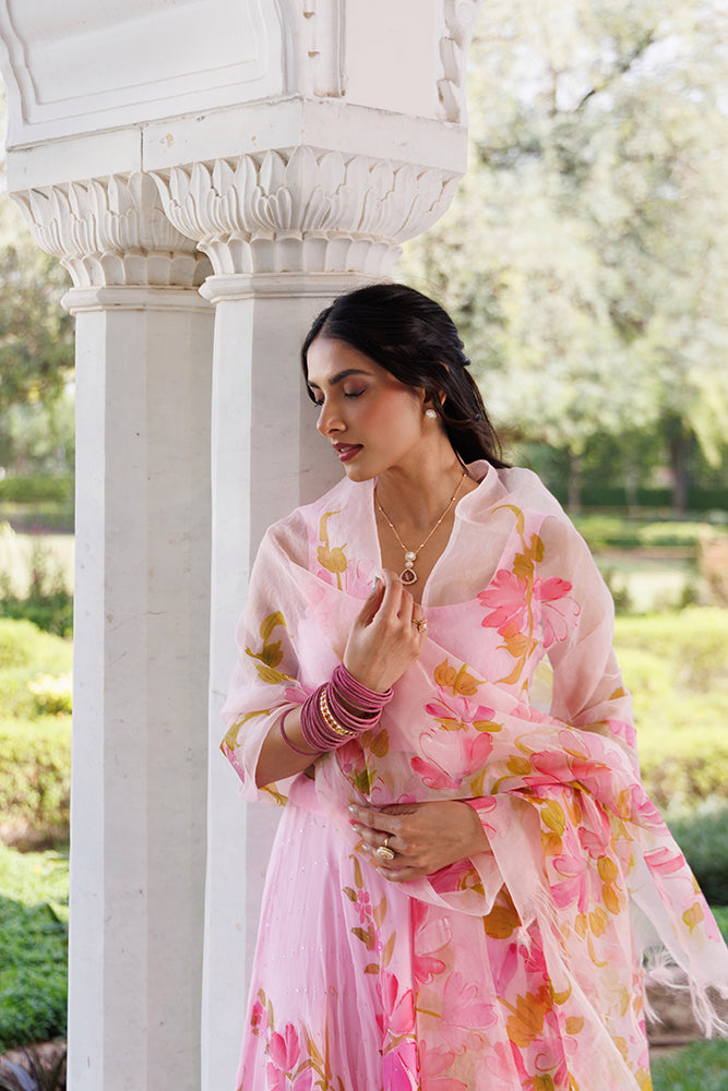 Pink Hand Painted Chiffon Lehenga Set With Mukaish Work & Hand-Painted Organza Dupatta