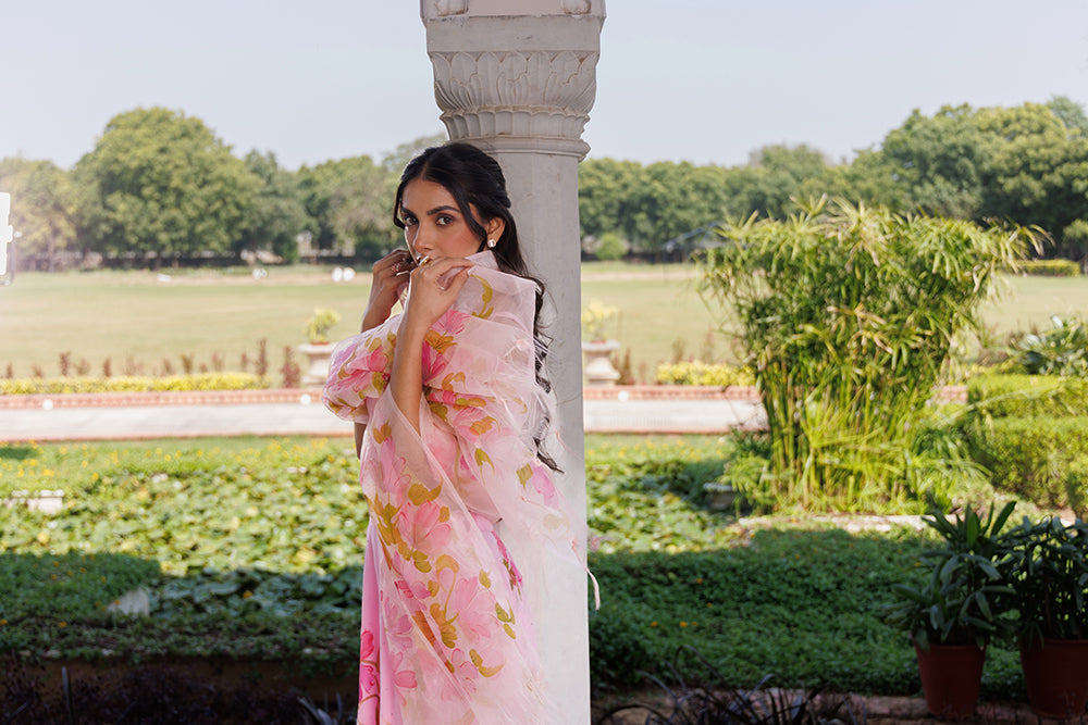 Pink Hand Painted Chiffon Lehenga Set With Mukaish Work & Hand-Painted Organza Dupatta