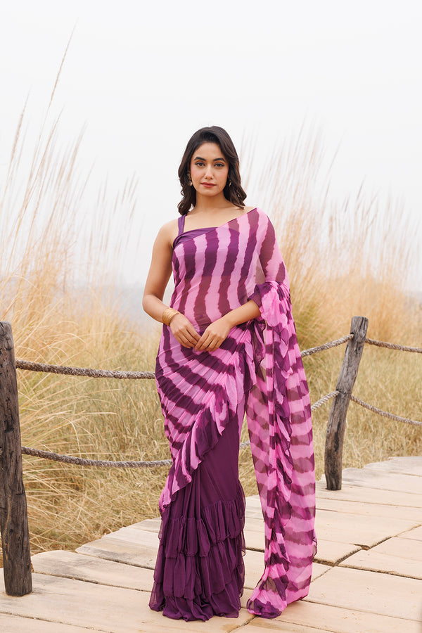 Wine & Pink Ruffle Stitched Leheriya Chiffon Saree