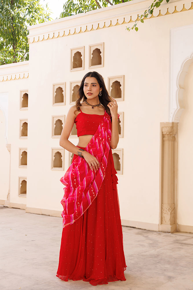 Red Handcrafted Mukaish Lehenga Set With Pure  Kota Silk Dupatta