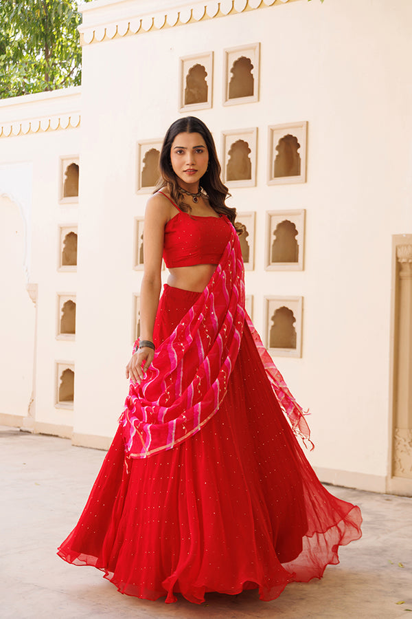 Red Contemporary Lehenga With Mukaish Shimmer And Hand-Dyed Leheriya Kota Silk Dupatta