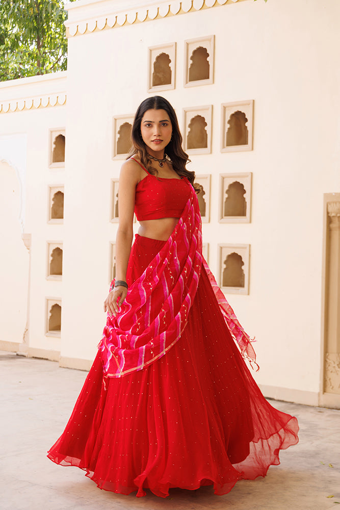 Red Handcrafted Mukaish Lehenga Set With Pure  Kota Silk Dupatta