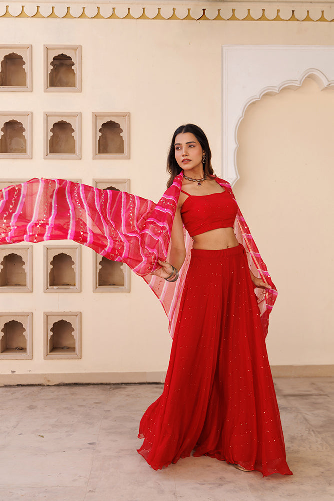 Red Handcrafted Mukaish Lehenga Set With Pure  Kota Silk Dupatta