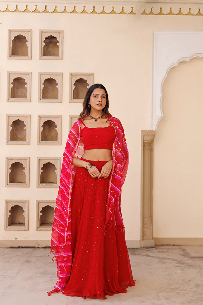 Red Handcrafted Mukaish Lehenga Set With Pure  Kota Silk Dupatta