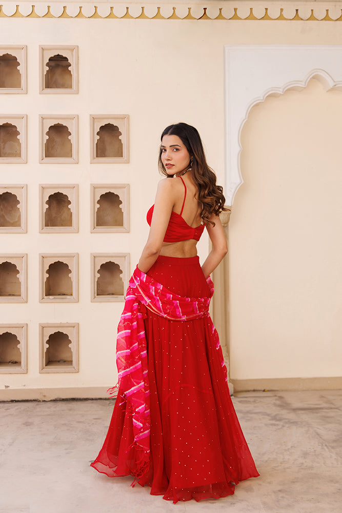Red Handcrafted Mukaish Lehenga Set With Pure  Kota Silk Dupatta