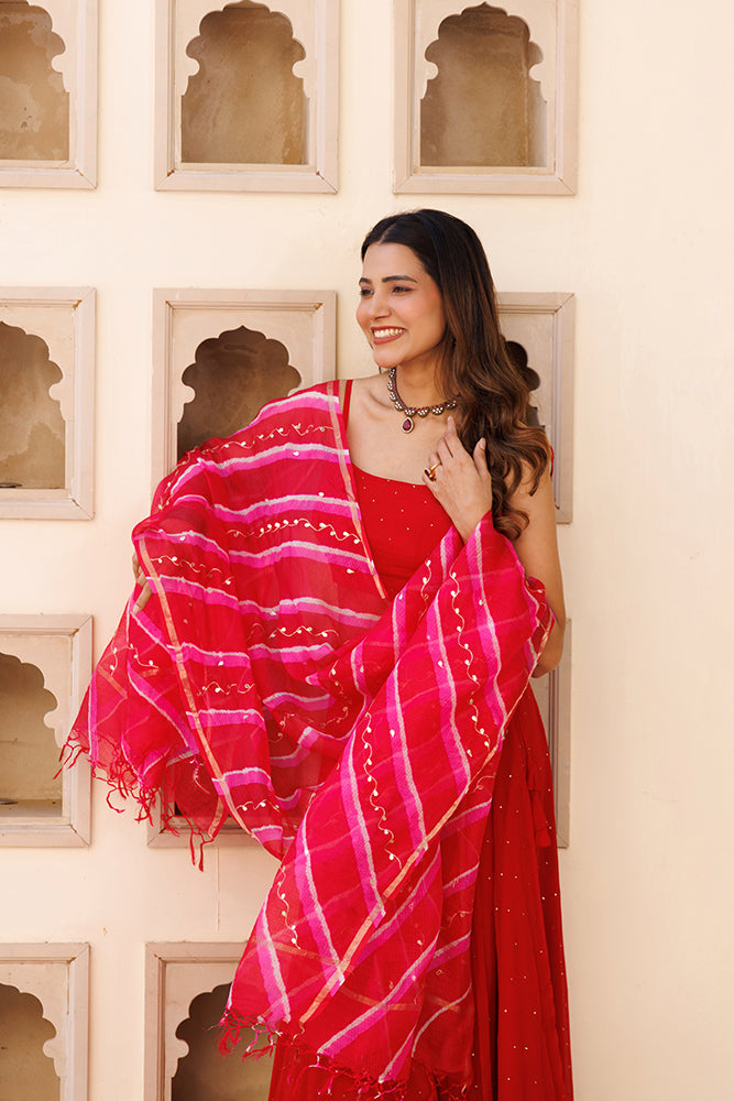 Red Handcrafted Mukaish Lehenga Set With Pure  Kota Silk Dupatta