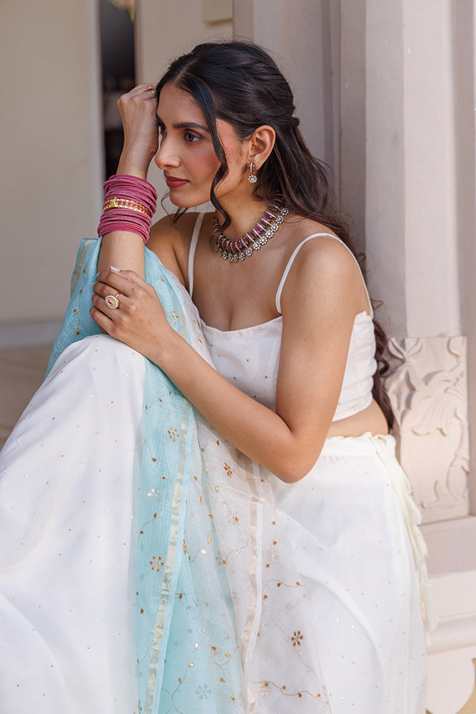 Off White Chiffon Lehenga Set  Mukaish Work & Shaded Kota Silk Dupatta