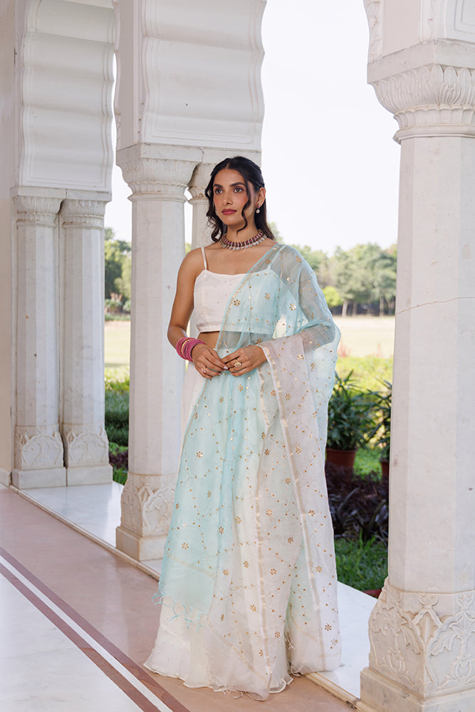 Off White Chiffon Lehenga Set  Mukaish Work & Shaded Kota Silk Dupatta