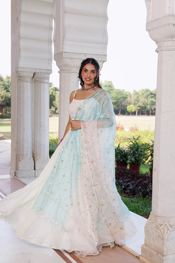 Off White Chiffon Lehenga Set  Mukaish Work & Shaded Kota Silk Dupatta