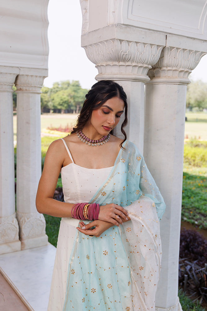 Off White Chiffon Lehenga Set  Mukaish Work & Shaded Kota Silk Dupatta