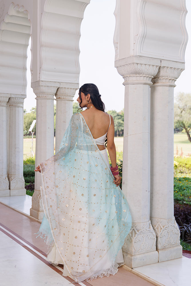 Off White Chiffon Lehenga Set  Mukaish Work & Shaded Kota Silk Dupatta