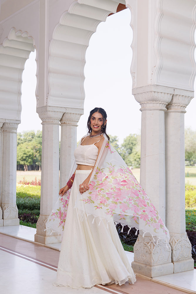 Off White Chiffon Lehenga Set  Mukaish Work & Hand Painted Organza Dupatta