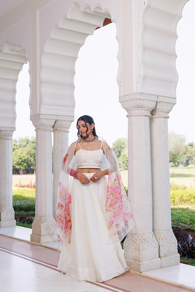 Off White Chiffon Lehenga Set  Mukaish Work & Hand Painted Organza Dupatta